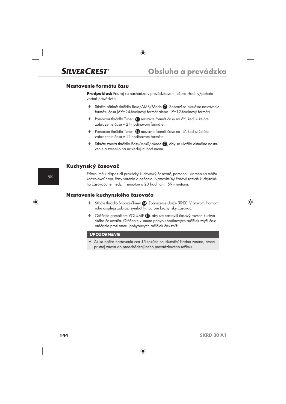 Obsluha a prevádzka, Kuchynský časovač, Sk nastavenie formátu času | Nastavenie kuchynského časovača | Silvercrest SKRD 30 A1 User Manual | Page 146 / 158