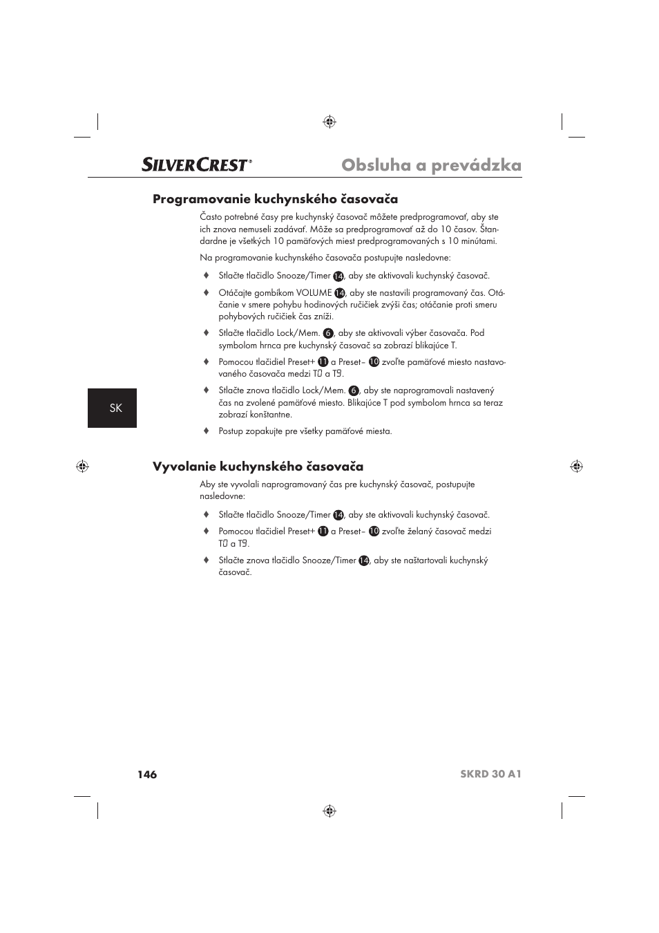 Obsluha a prevádzka, Programovanie kuchynského časovača, Vyvolanie kuchynského časovača | Silvercrest SKRD 30 A1 User Manual | Page 148 / 158