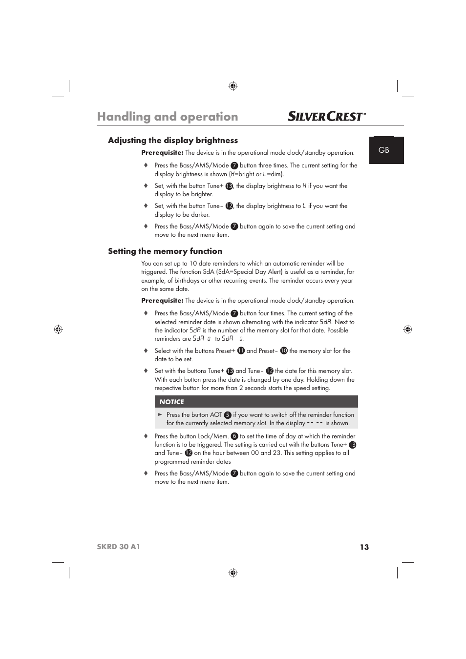 Handling and operation, Gb adjusting the display brightness | Silvercrest SKRD 30 A1 User Manual | Page 15 / 158