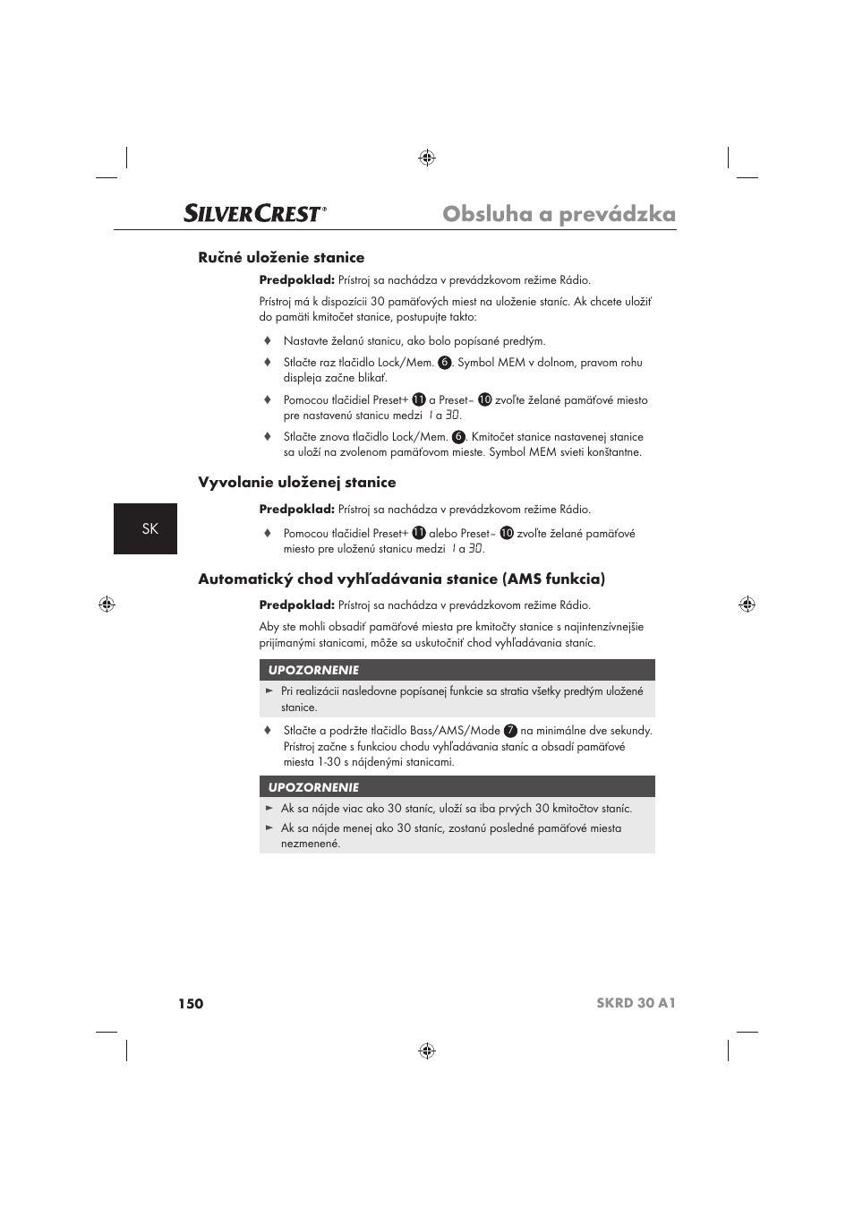 Obsluha a prevádzka, Sk ručné uloženie stanice, Vyvolanie uloženej stanice | Silvercrest SKRD 30 A1 User Manual | Page 152 / 158