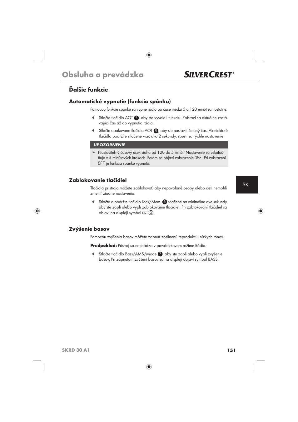 Obsluha a prevádzka, Ďalšie funkcie, Automatické vypnutie (funkcia spánku) | Zablokovanie tlačidiel, Zvýšenie basov | Silvercrest SKRD 30 A1 User Manual | Page 153 / 158