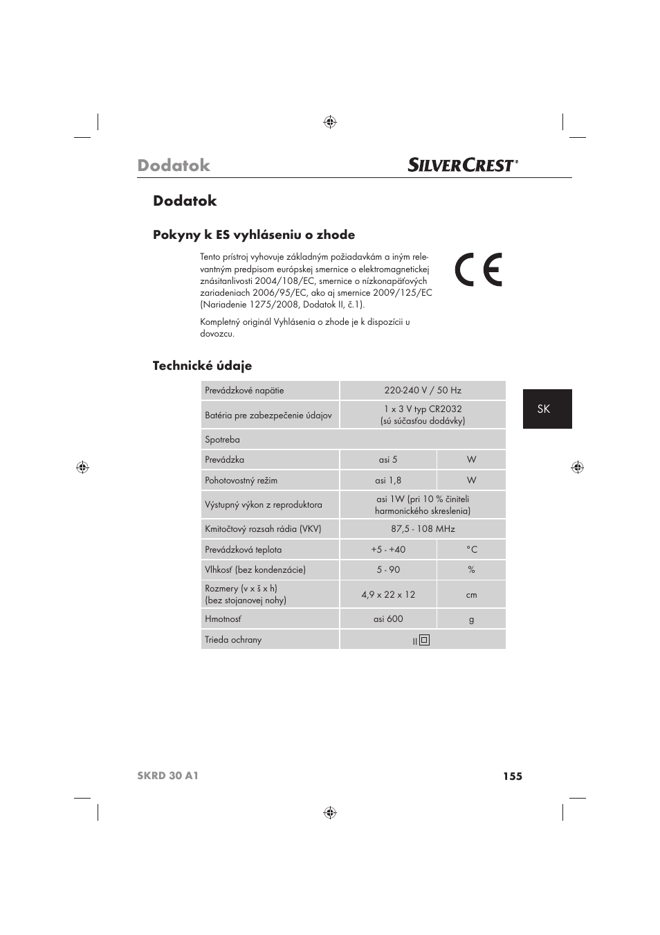 Dodatok, Pokyny k es vyhláseniu o zhode, Technické údaje | Silvercrest SKRD 30 A1 User Manual | Page 157 / 158