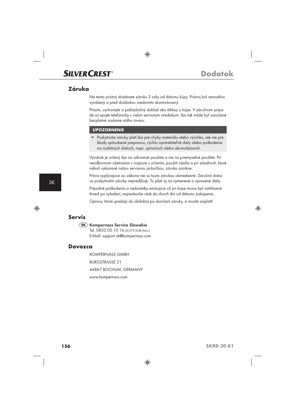 Dodatok, Záruka, Servis | Dovozca | Silvercrest SKRD 30 A1 User Manual | Page 158 / 158