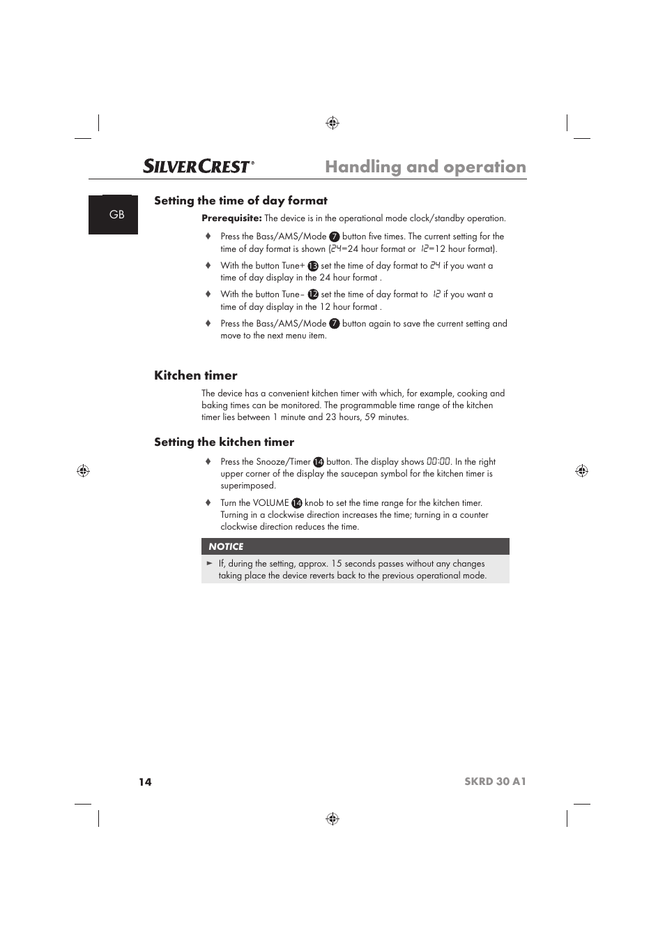 Handling and operation, Kitchen timer, Gb setting the time of day format | Setting the kitchen timer | Silvercrest SKRD 30 A1 User Manual | Page 16 / 158
