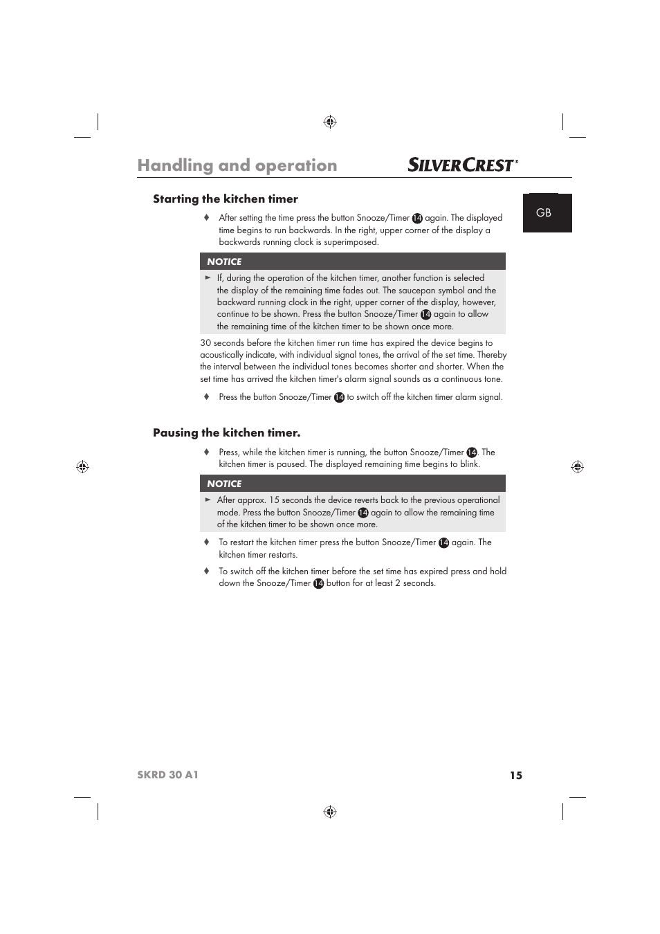 Handling and operation, Gb starting the kitchen timer, Pausing the kitchen timer | Silvercrest SKRD 30 A1 User Manual | Page 17 / 158