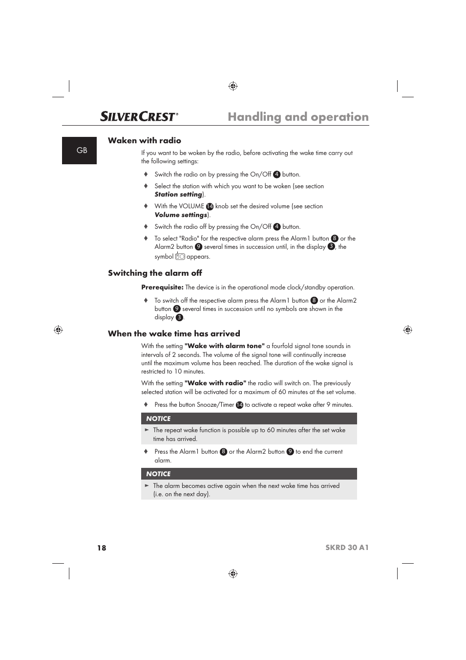 Handling and operation, Gb waken with radio, Switching the alarm oﬀ | When the wake time has arrived | Silvercrest SKRD 30 A1 User Manual | Page 20 / 158