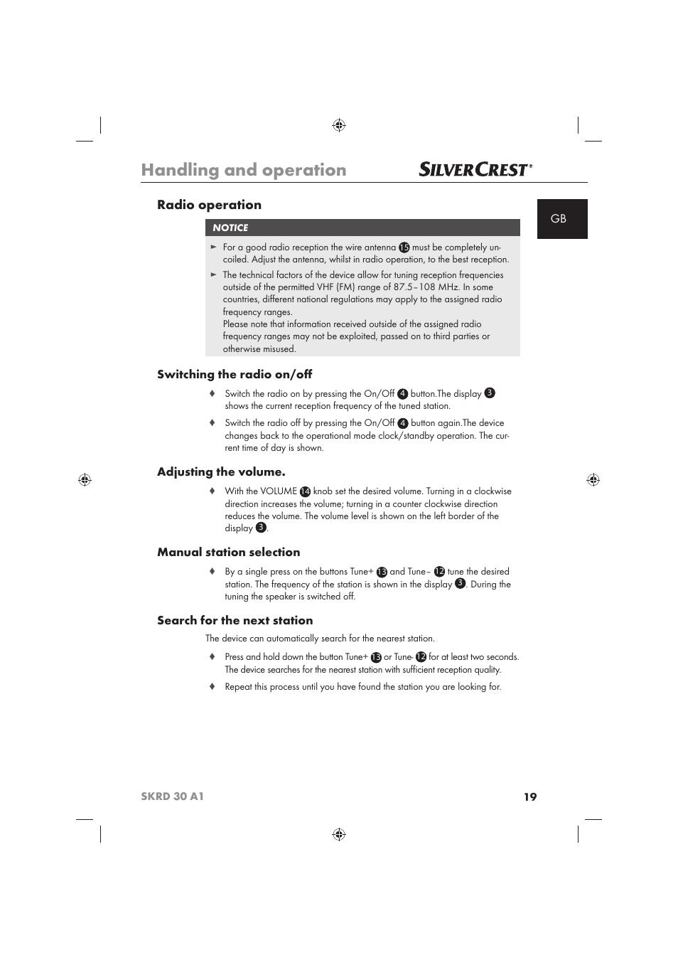 Handling and operation, Radio operation, Switching the radio on/oﬀ | Adjusting the volume, Manual station selection, Search for the next station | Silvercrest SKRD 30 A1 User Manual | Page 21 / 158