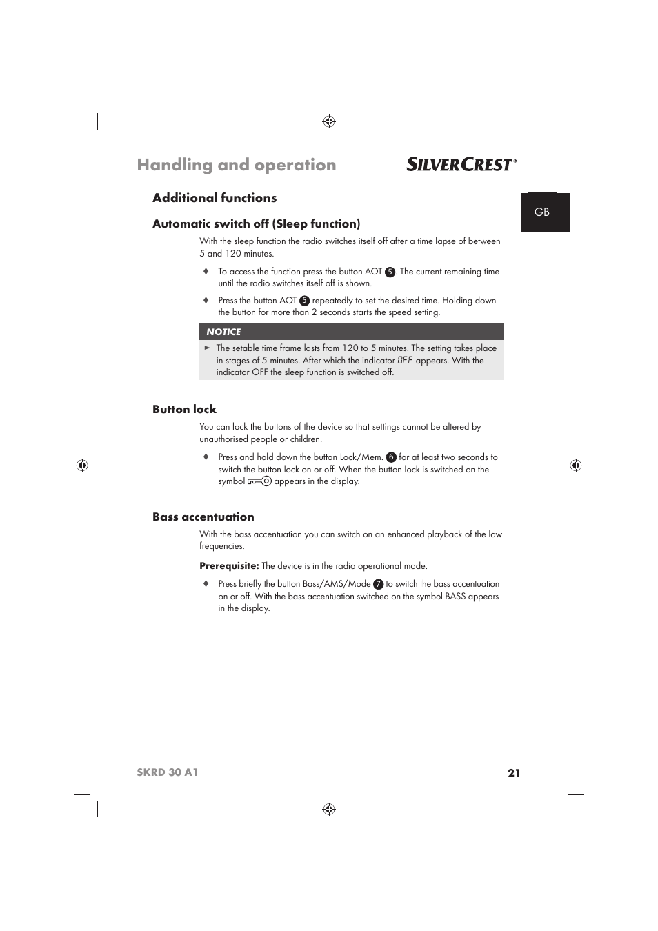 Handling and operation, Additional functions, Automatic switch oﬀ (sleep function) | Button lock, Bass accentuation | Silvercrest SKRD 30 A1 User Manual | Page 23 / 158