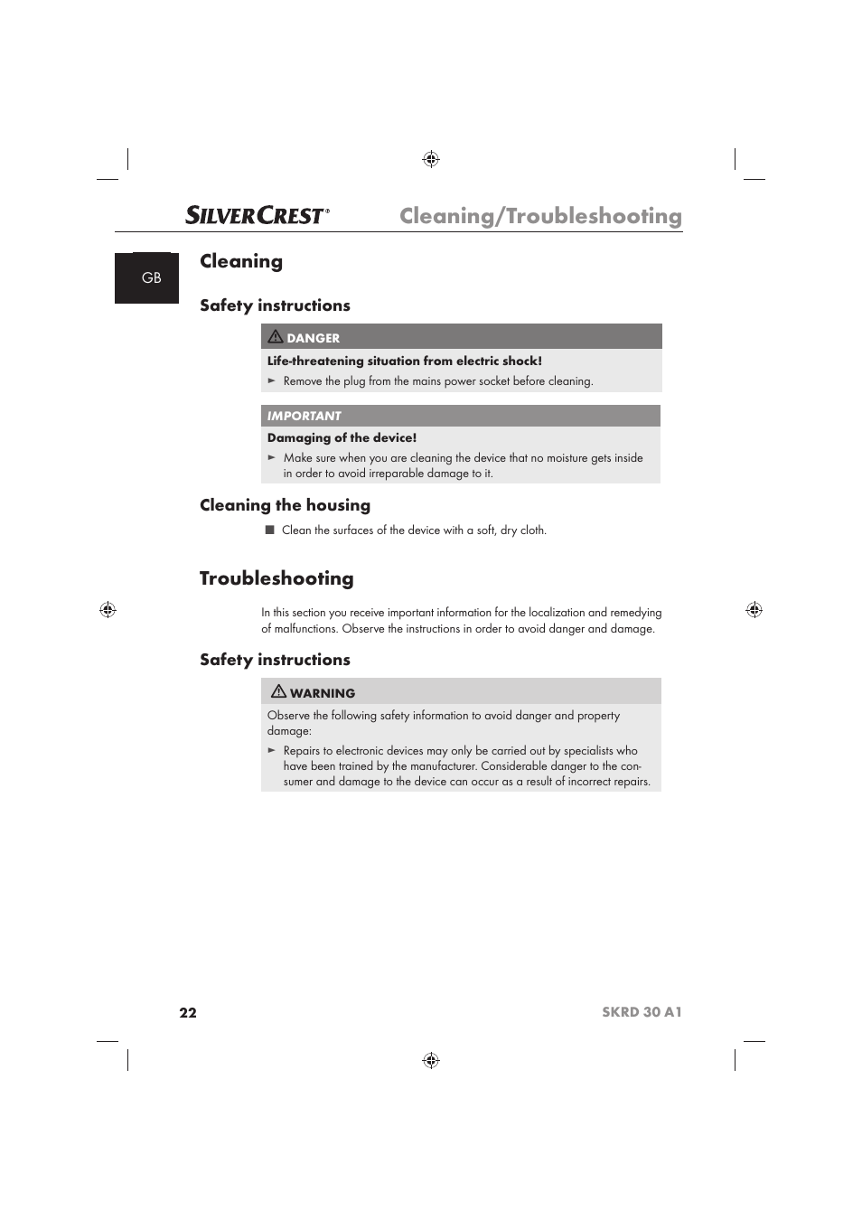 Cleaning/troubleshooting, Cleaning, Troubleshooting | Safety instructions, Cleaning the housing | Silvercrest SKRD 30 A1 User Manual | Page 24 / 158