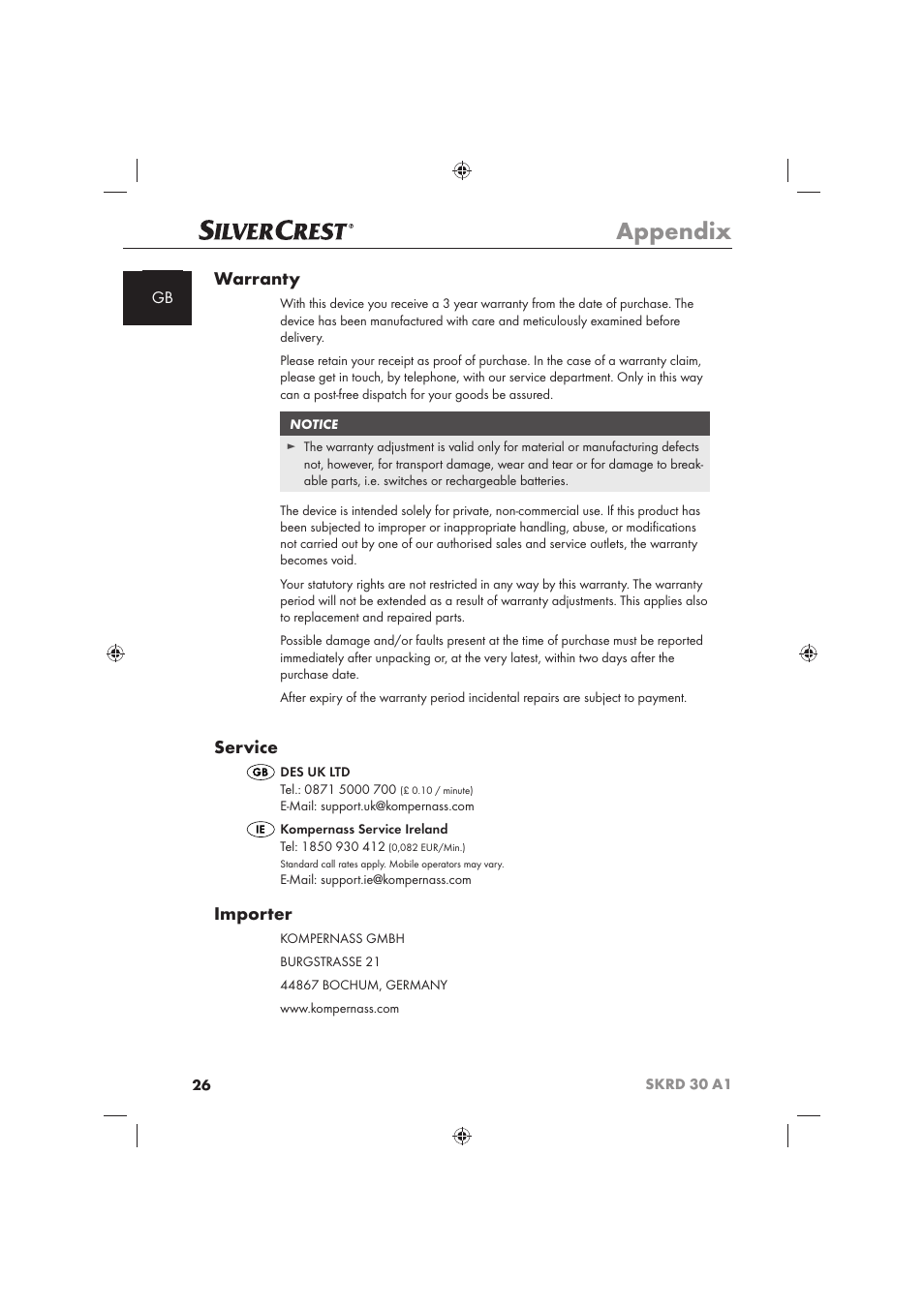 Appendix, Warranty, Service | Importer | Silvercrest SKRD 30 A1 User Manual | Page 28 / 158