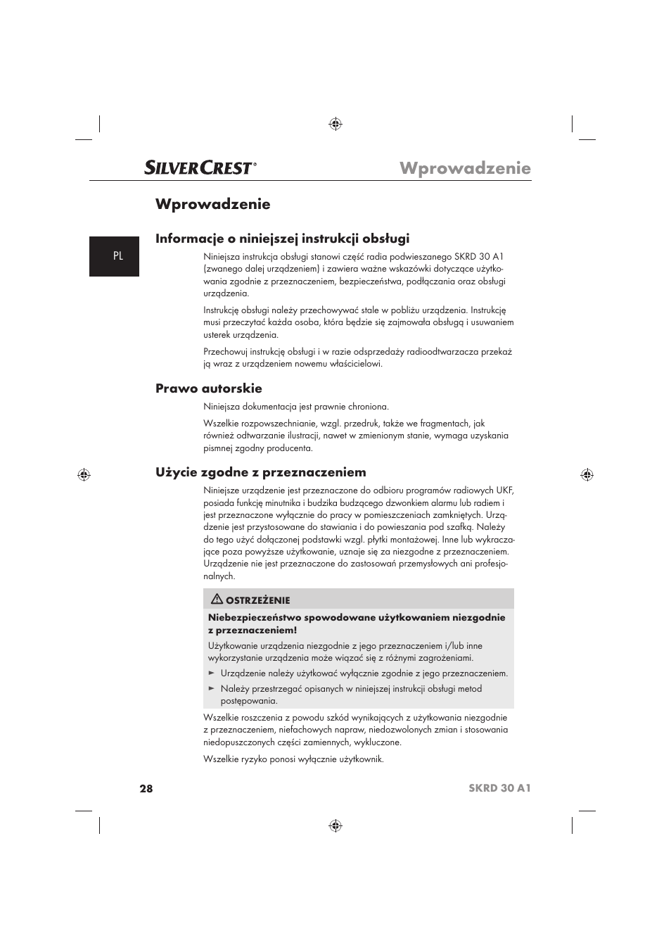 Wprowadzenie, Informacje o niniejszej instrukcji obsługi, Prawo autorskie | Użycie zgodne z przeznaczeniem | Silvercrest SKRD 30 A1 User Manual | Page 30 / 158