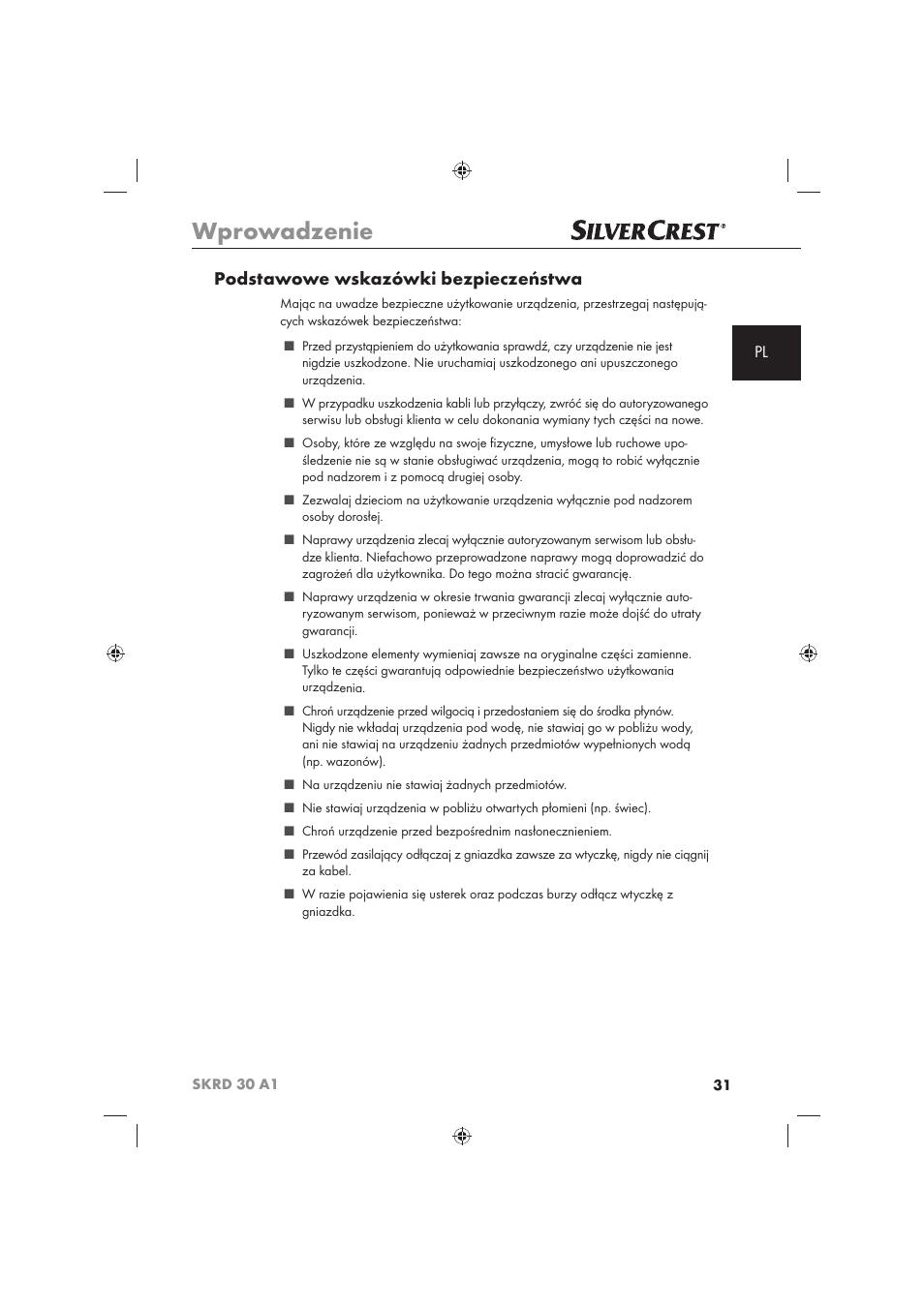 Wprowadzenie, Podstawowe wskazówki bezpieczeństwa | Silvercrest SKRD 30 A1 User Manual | Page 33 / 158