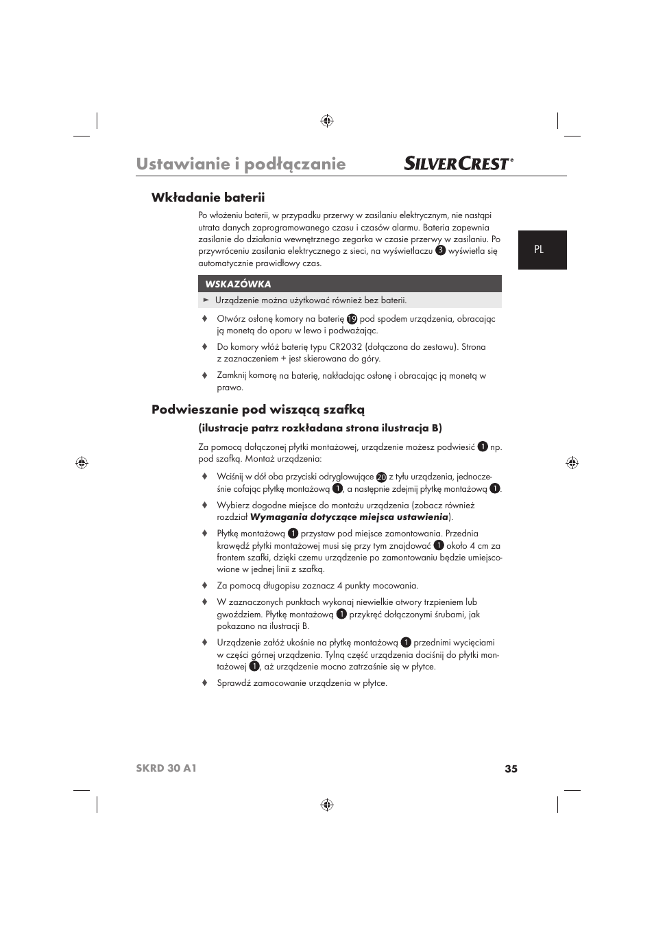 Ustawianie i podłączanie, Wkładanie baterii, Podwieszanie pod wiszącą szafką | Silvercrest SKRD 30 A1 User Manual | Page 37 / 158