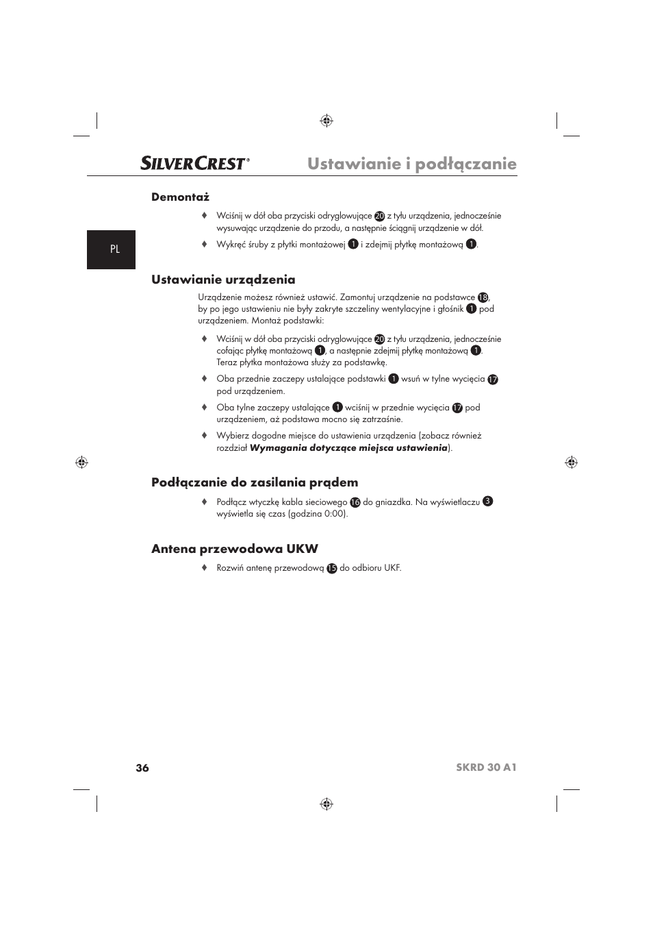 Ustawianie i podłączanie, Ustawianie urządzenia, Podłączanie do zasilania prądem | Antena przewodowa ukw, Pl demontaż | Silvercrest SKRD 30 A1 User Manual | Page 38 / 158
