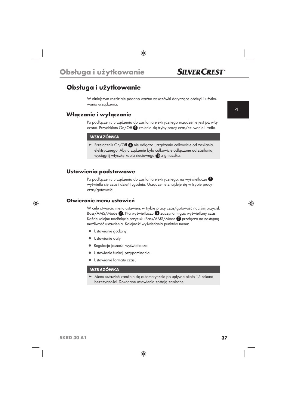 Obsługa i użytkowanie, Włączanie i wyłączanie, Ustawienia podstawowe | Otwieranie menu ustawień | Silvercrest SKRD 30 A1 User Manual | Page 39 / 158