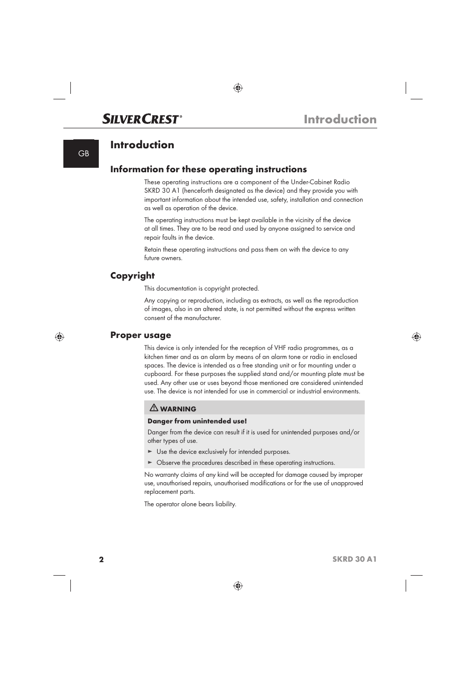 Introduction, Information for these operating instructions, Copyright | Proper usage | Silvercrest SKRD 30 A1 User Manual | Page 4 / 158