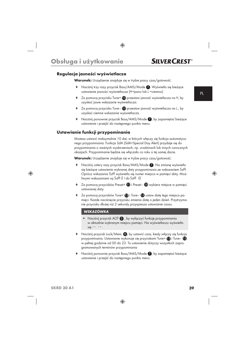 Obsługa i użytkowanie, Pl regulacja jasności wyświetlacza, Ustawianie funkcji przypominania | Silvercrest SKRD 30 A1 User Manual | Page 41 / 158