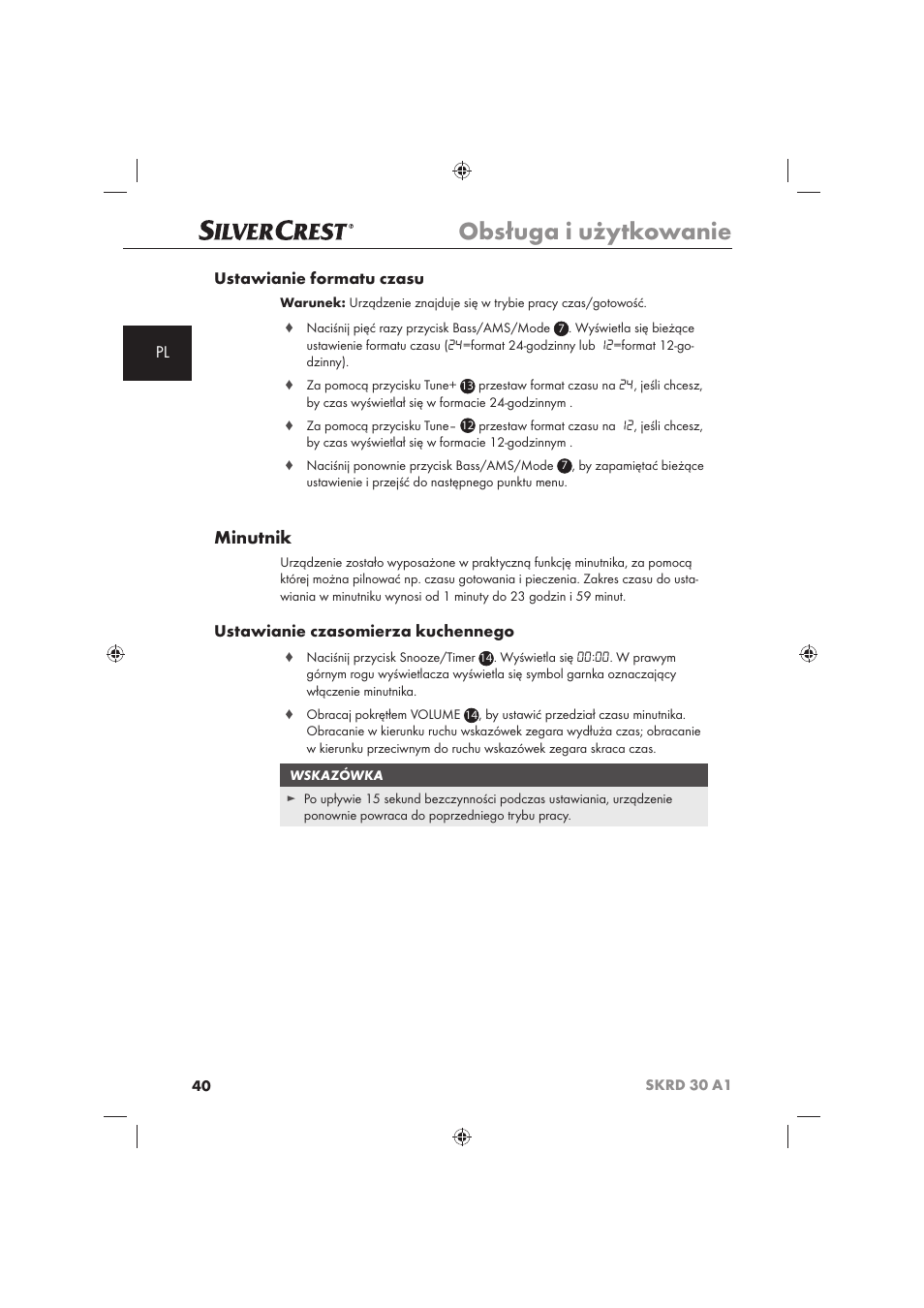 Obsługa i użytkowanie, Minutnik, Pl ustawianie formatu czasu | Ustawianie czasomierza kuchennego | Silvercrest SKRD 30 A1 User Manual | Page 42 / 158