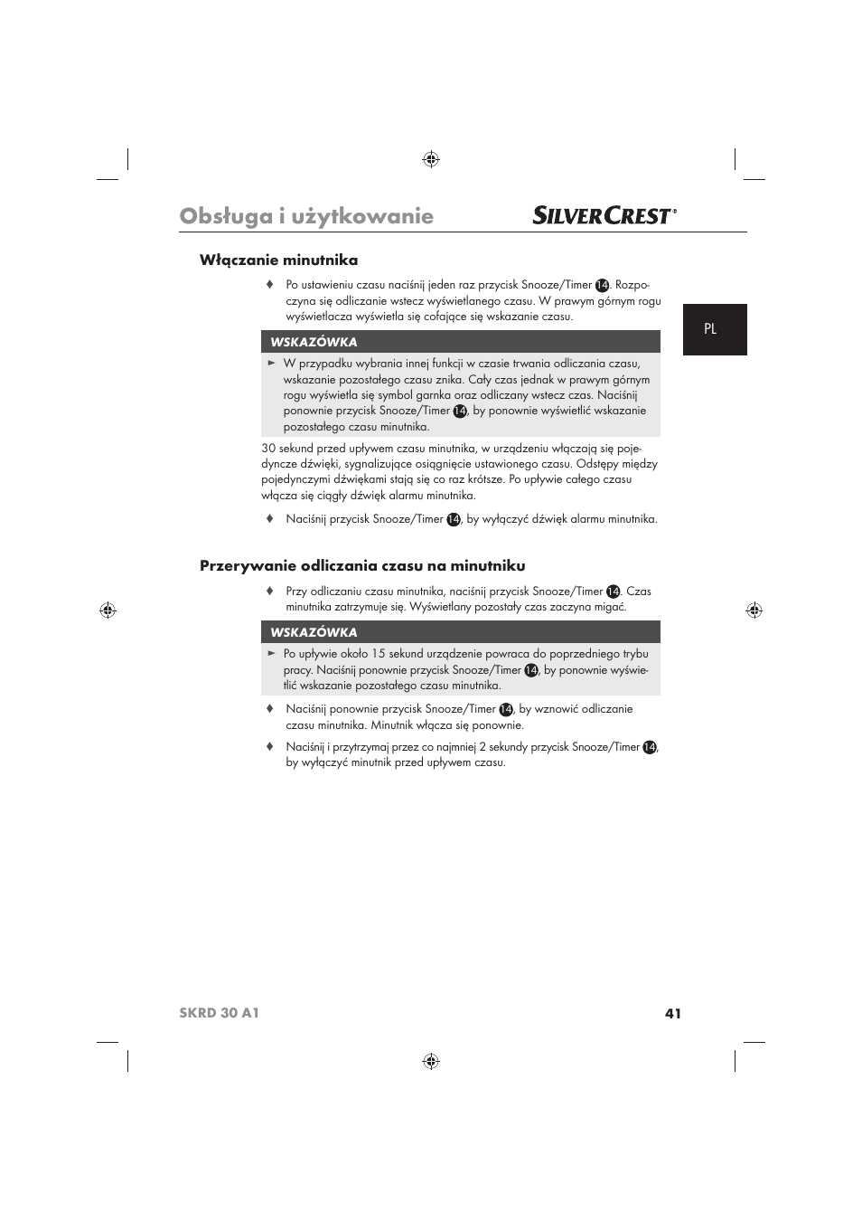 Obsługa i użytkowanie, Pl włączanie minutnika, Przerywanie odliczania czasu na minutniku | Silvercrest SKRD 30 A1 User Manual | Page 43 / 158