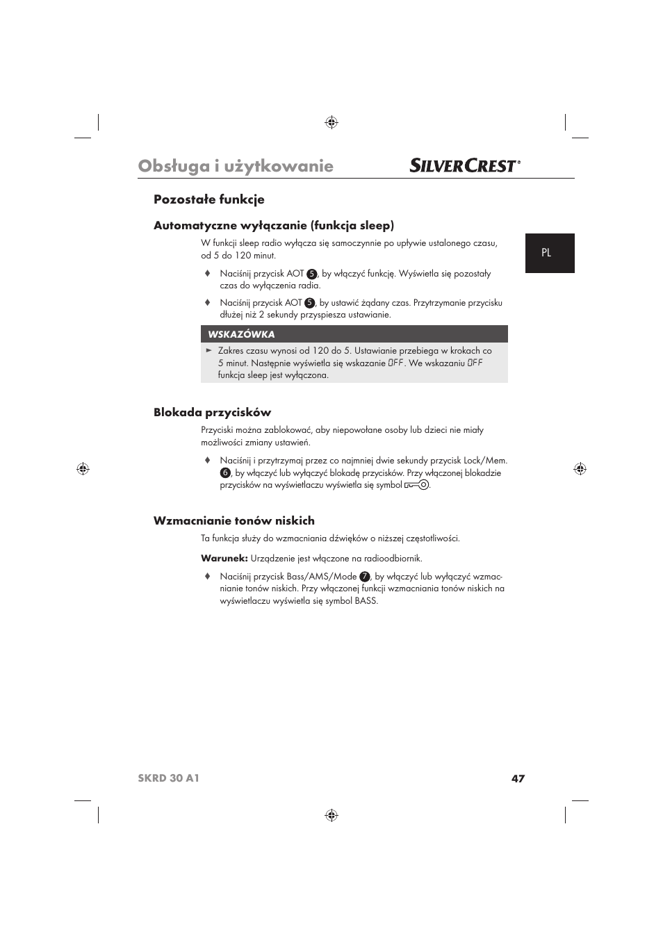 Obsługa i użytkowanie, Pozostałe funkcje, Automatyczne wyłączanie (funkcja sleep) | Blokada przycisków, Wzmacnianie tonów niskich | Silvercrest SKRD 30 A1 User Manual | Page 49 / 158