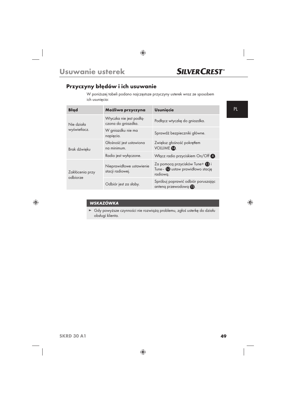 Usuwanie usterek, Przyczyny błędów i ich usuwanie | Silvercrest SKRD 30 A1 User Manual | Page 51 / 158