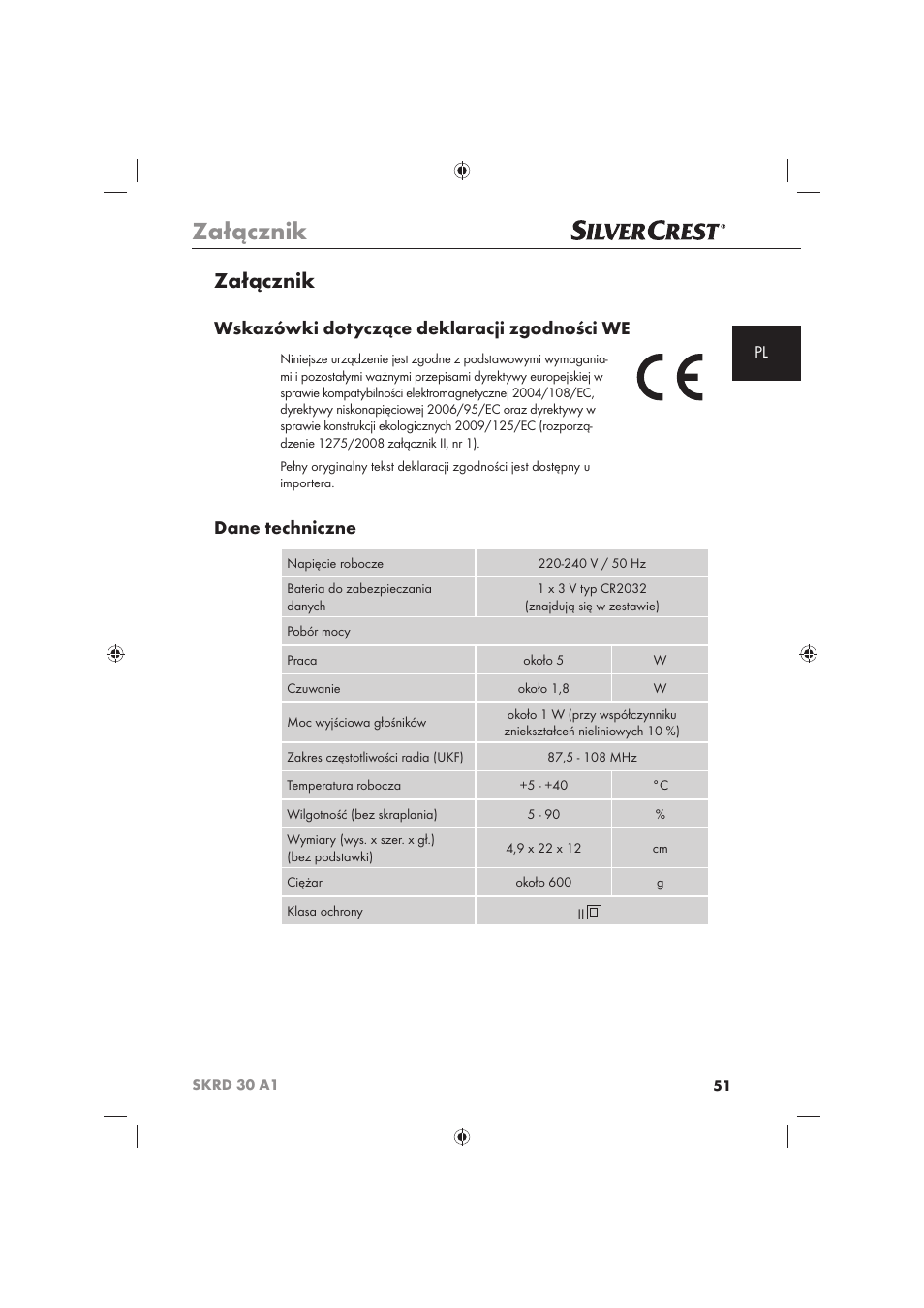 Załącznik, Wskazówki dotyczące deklaracji zgodności we, Dane techniczne | Silvercrest SKRD 30 A1 User Manual | Page 53 / 158