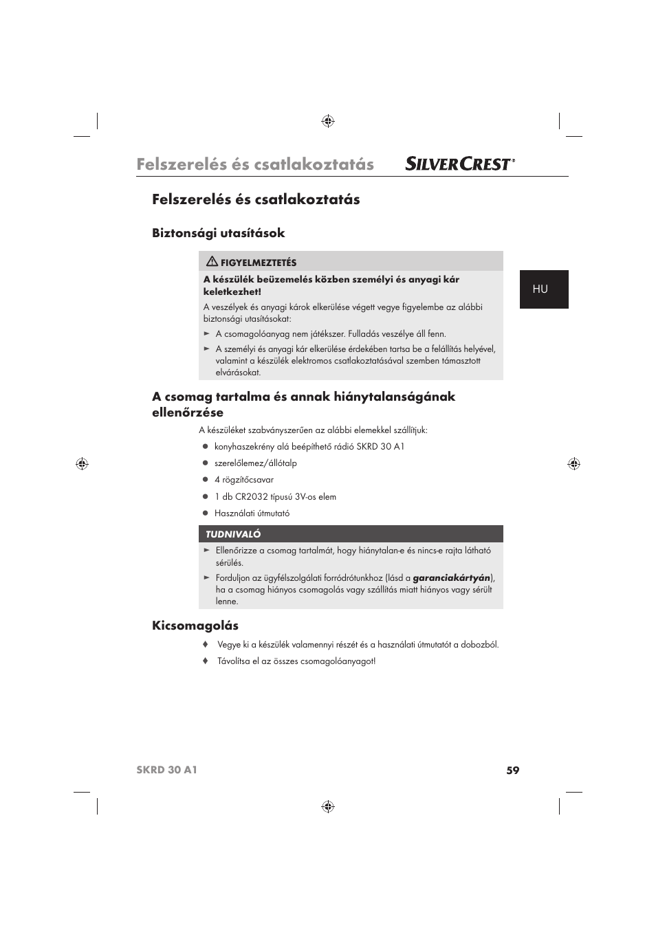 Felszerelés és csatlakoztatás, Biztonsági utasítások, Kicsomagolás | Silvercrest SKRD 30 A1 User Manual | Page 61 / 158