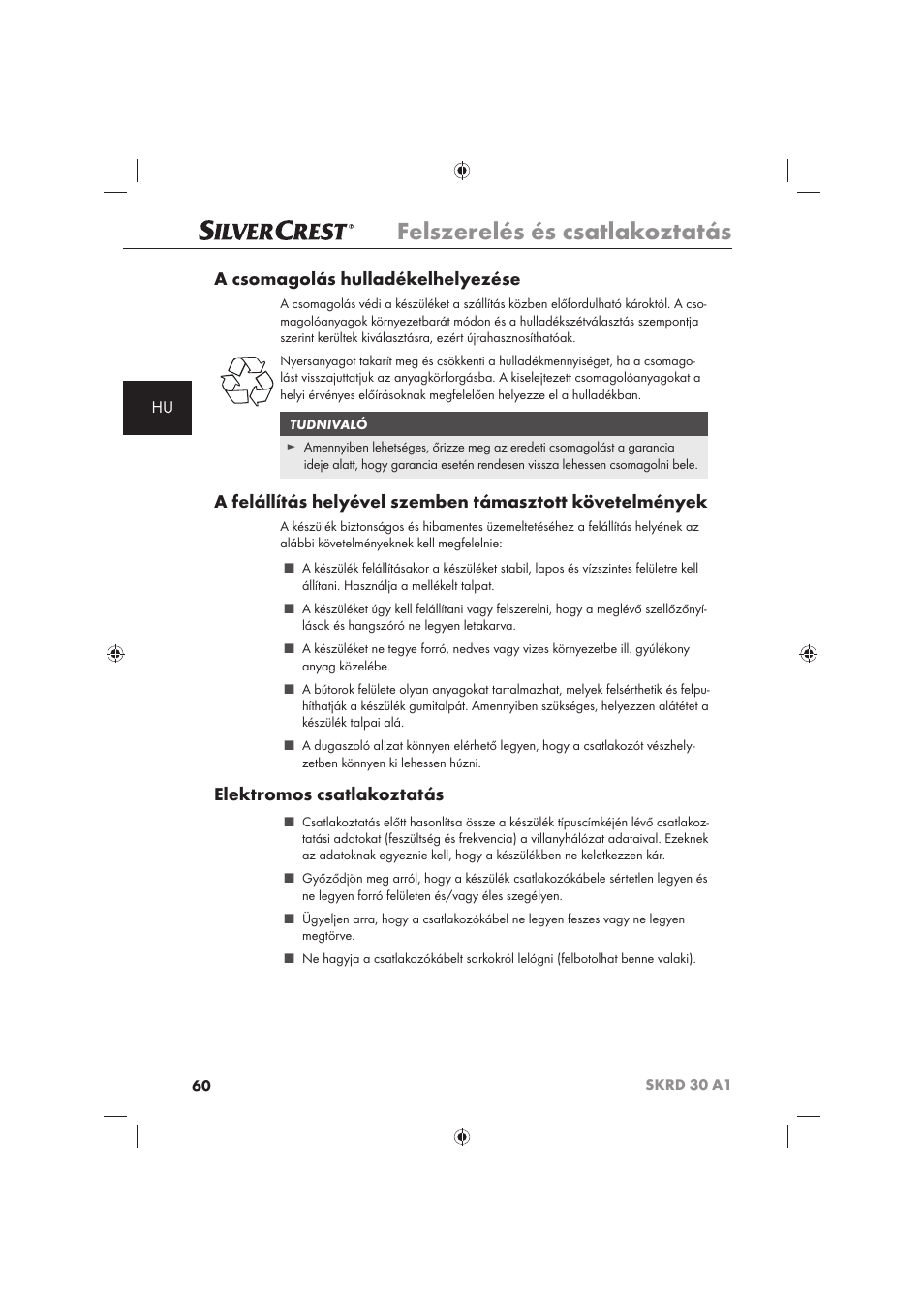 Felszerelés és csatlakoztatás, A csomagolás hulladékelhelyezése, Elektromos csatlakoztatás | Silvercrest SKRD 30 A1 User Manual | Page 62 / 158