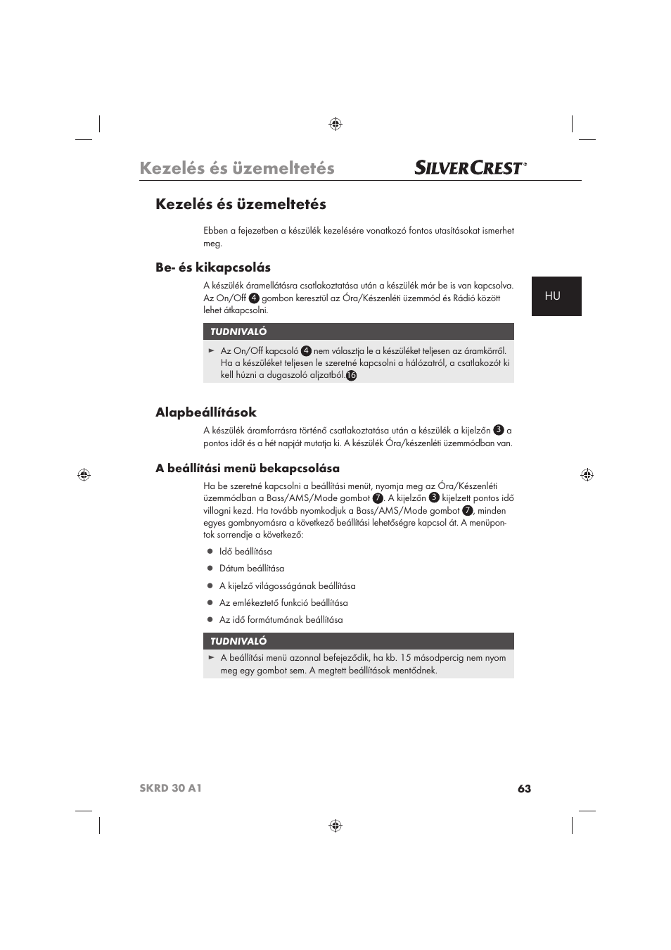 Kezelés és üzemeltetés, Be- és kikapcsolás, Alapbeállítások | A beállítási menü bekapcsolása | Silvercrest SKRD 30 A1 User Manual | Page 65 / 158
