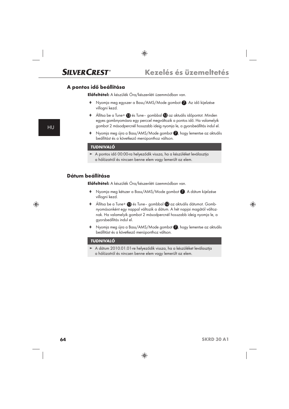 Kezelés és üzemeltetés, Hu a pontos idő beállítása, Dátum beállítása | Silvercrest SKRD 30 A1 User Manual | Page 66 / 158