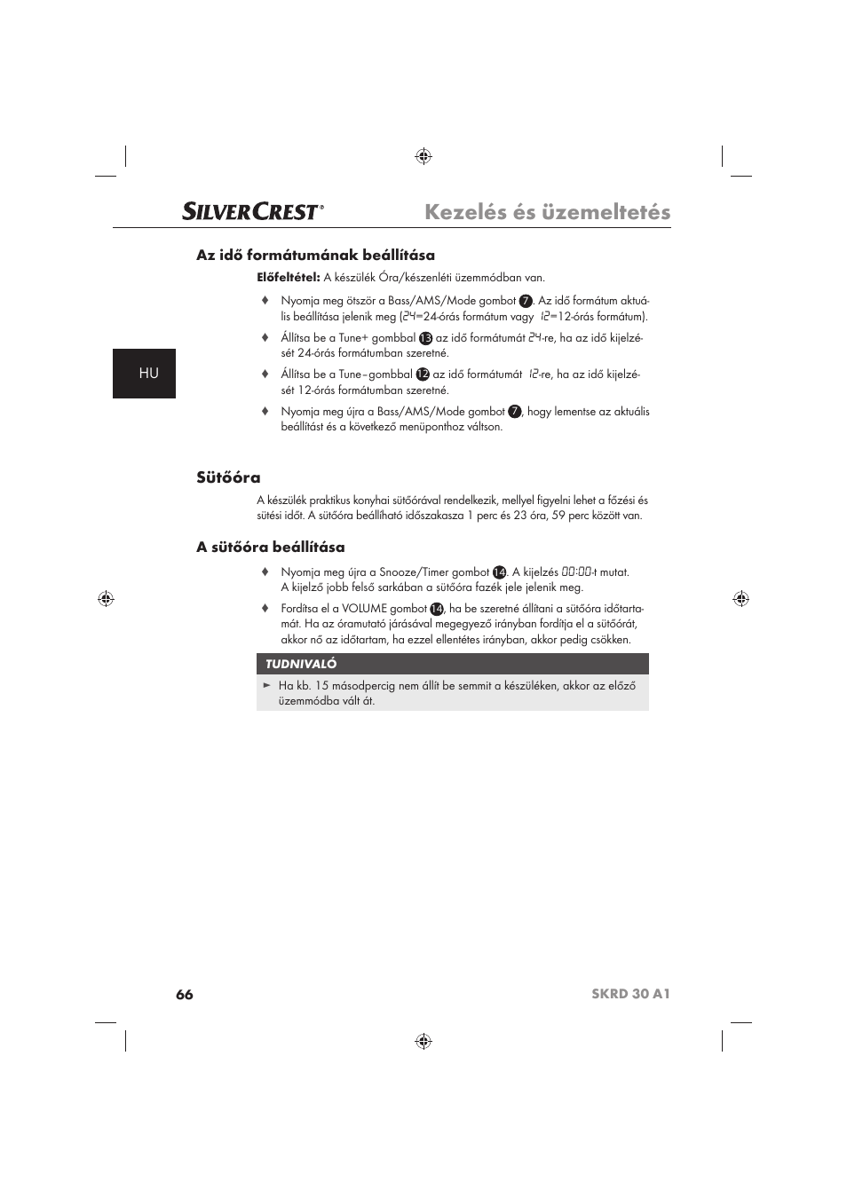 Kezelés és üzemeltetés, Sütőóra, Hu az idő formátumának beállítása | A sütőóra beállítása | Silvercrest SKRD 30 A1 User Manual | Page 68 / 158