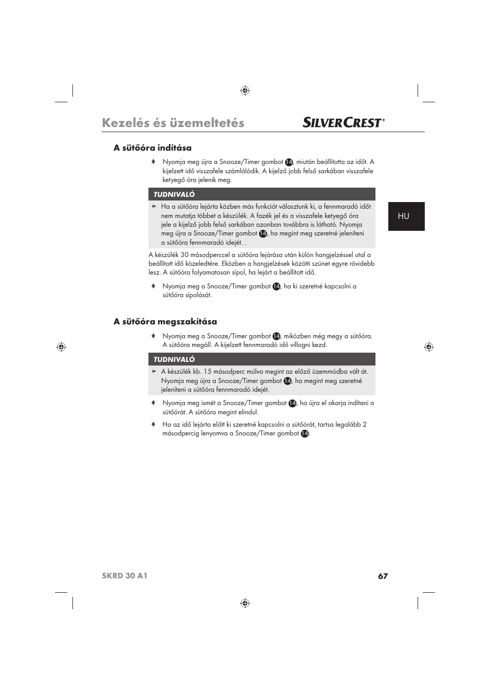Kezelés és üzemeltetés, Hu a sütőóra indítása, A sütőóra megszakítása | Silvercrest SKRD 30 A1 User Manual | Page 69 / 158