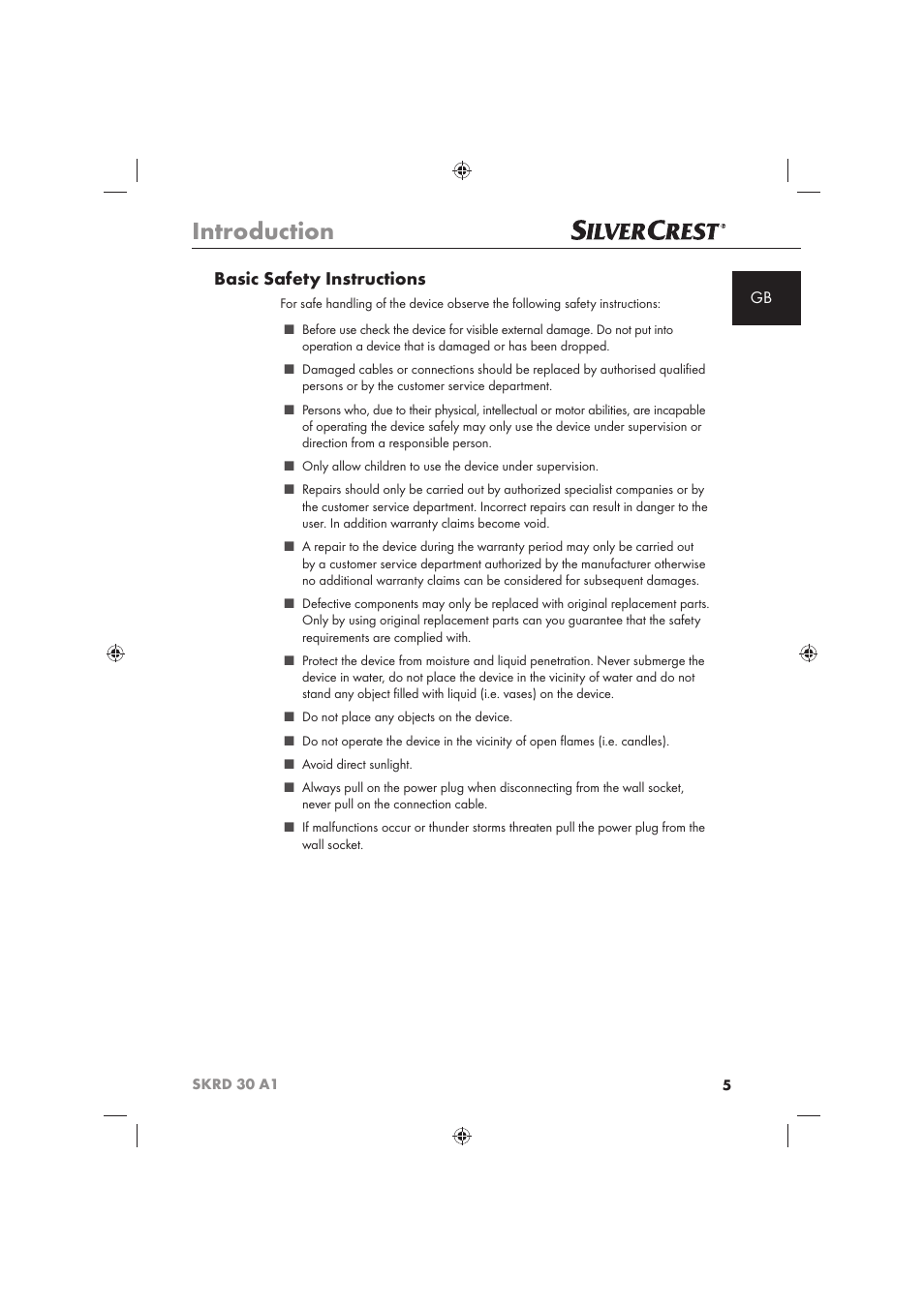 Introduction, Basic safety instructions | Silvercrest SKRD 30 A1 User Manual | Page 7 / 158