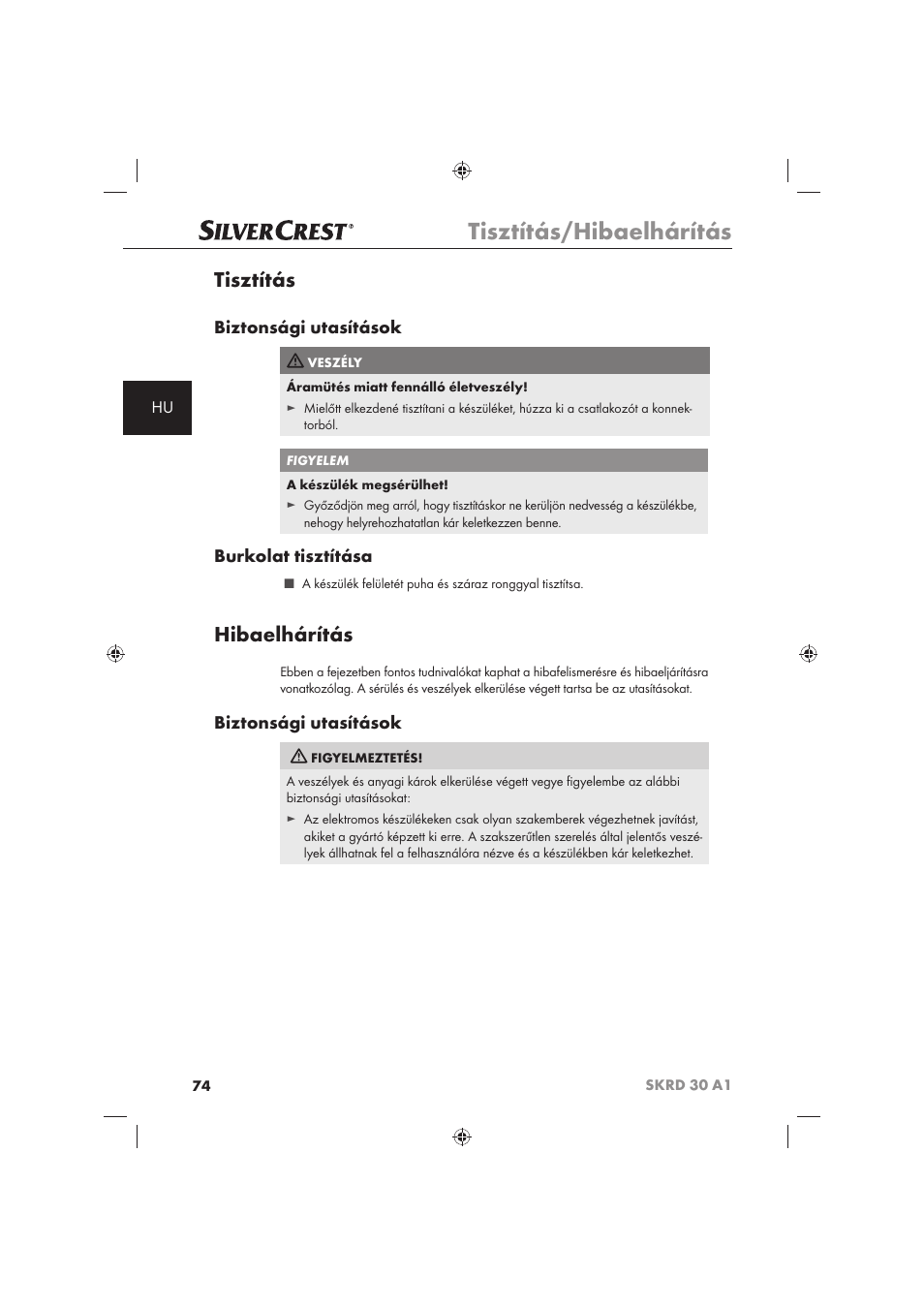 Tisztítás/hibaelhárítás, Tisztítás, Hibaelhárítás | Biztonsági utasítások, Burkolat tisztítása | Silvercrest SKRD 30 A1 User Manual | Page 76 / 158