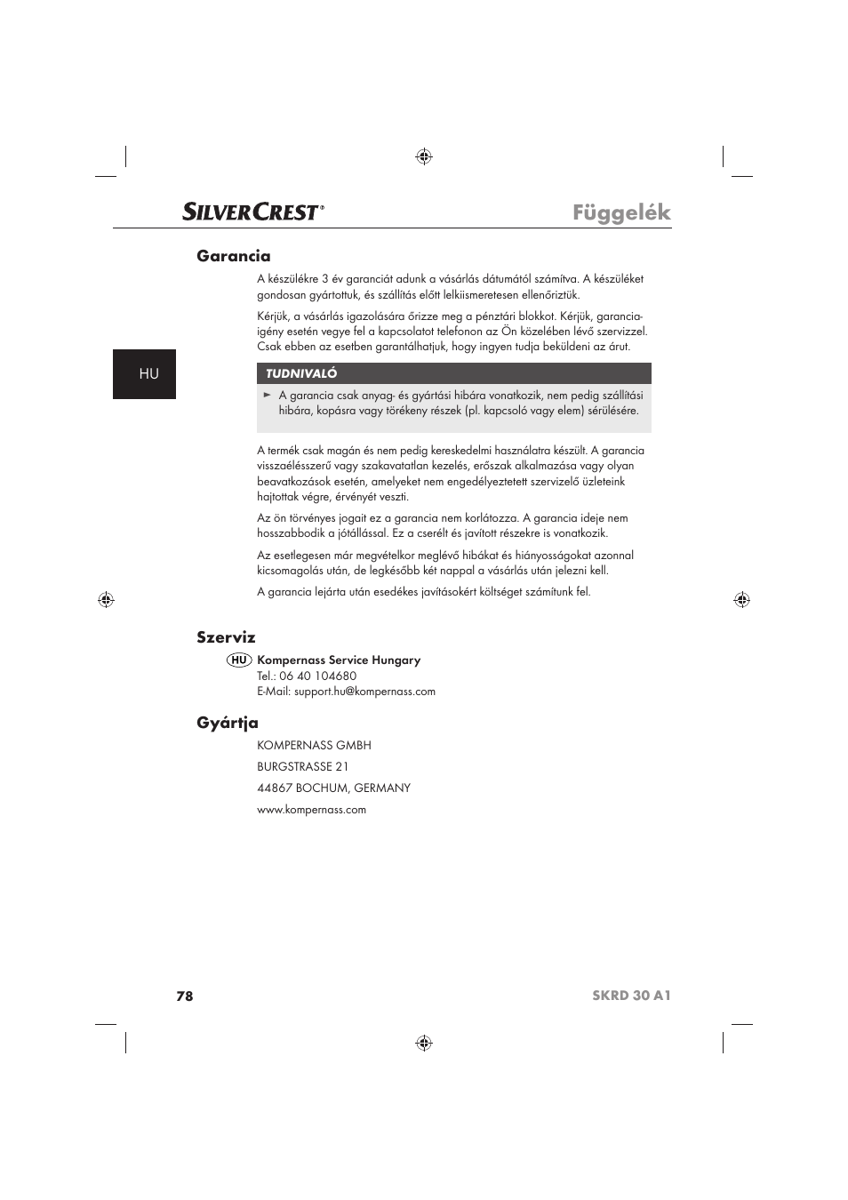 Függelék, Garancia, Szerviz | Gyártja | Silvercrest SKRD 30 A1 User Manual | Page 80 / 158