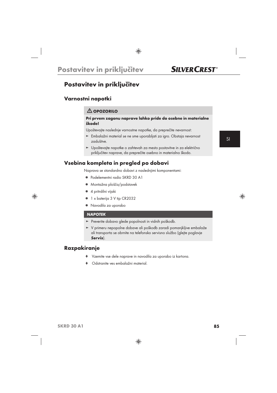 Postavitev in priključitev, Varnostni napotki, Vsebina kompleta in pregled po dobavi | Razpakiranje | Silvercrest SKRD 30 A1 User Manual | Page 87 / 158