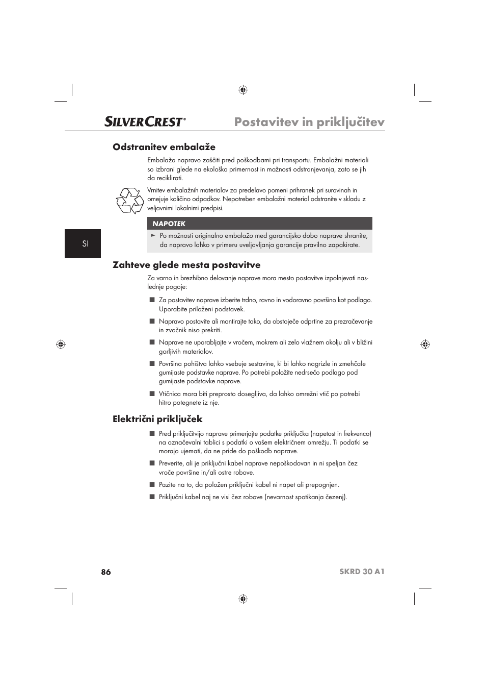 Postavitev in priključitev, Odstranitev embalaže, Zahteve glede mesta postavitve | Električni priključek | Silvercrest SKRD 30 A1 User Manual | Page 88 / 158