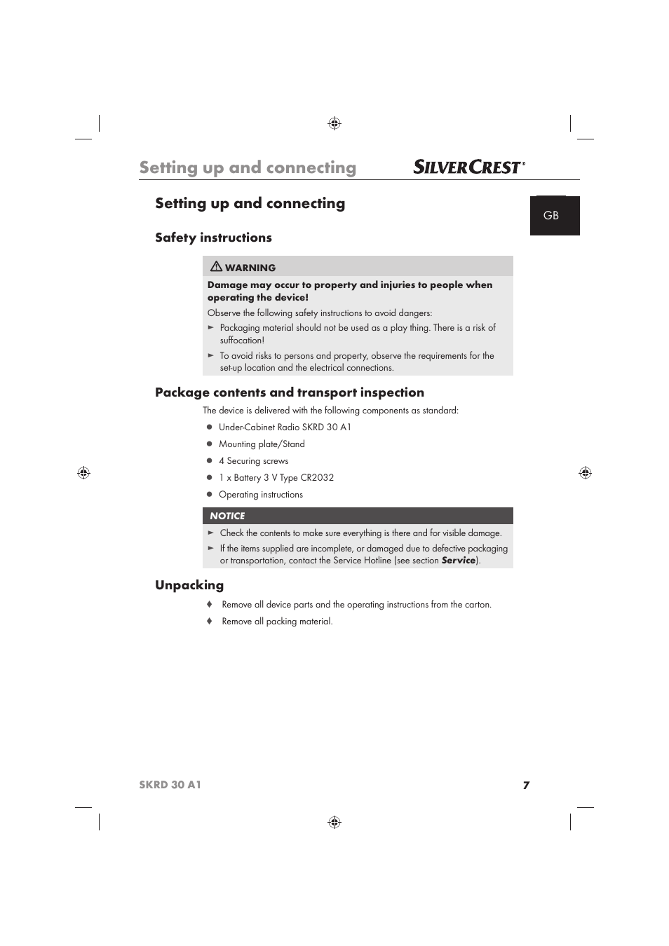 Setting up and connecting, Safety instructions, Package contents and transport inspection | Unpacking | Silvercrest SKRD 30 A1 User Manual | Page 9 / 158