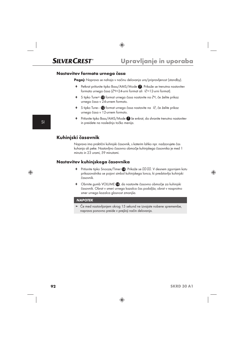 Upravljanje in uporaba, Kuhinjski časovnik, Si nastavitev formata urnega časa | Nastavitev kuhinjskega časovnika | Silvercrest SKRD 30 A1 User Manual | Page 94 / 158