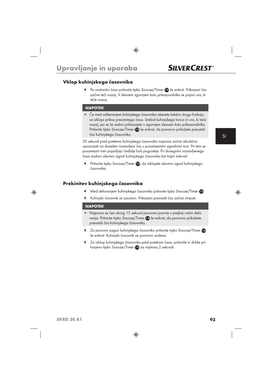Upravljanje in uporaba, Si vklop kuhinjskega časovnika, Prekinitev kuhinjskega časovnika | Silvercrest SKRD 30 A1 User Manual | Page 95 / 158