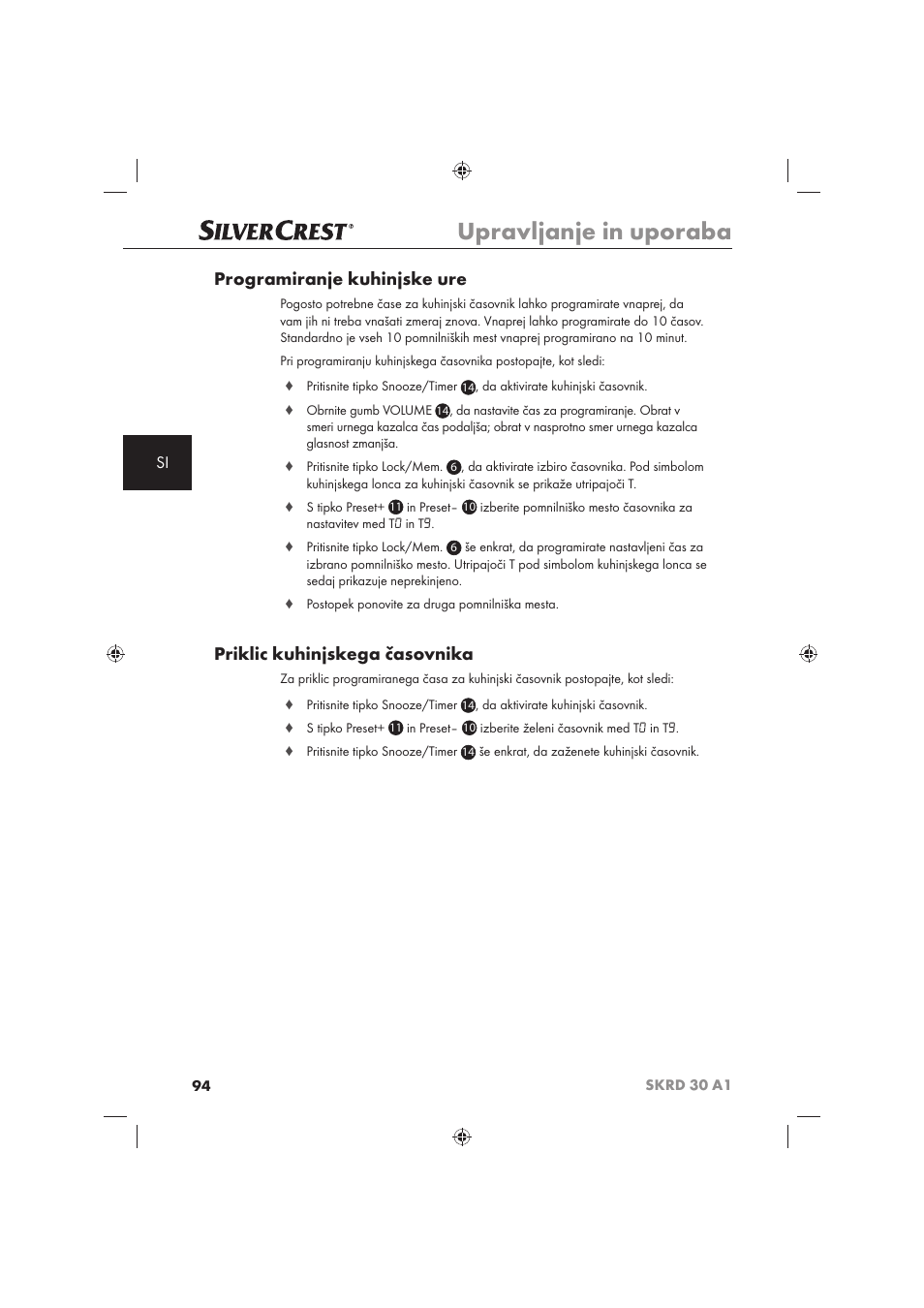 Upravljanje in uporaba, Programiranje kuhinjske ure, Priklic kuhinjskega časovnika | Silvercrest SKRD 30 A1 User Manual | Page 96 / 158