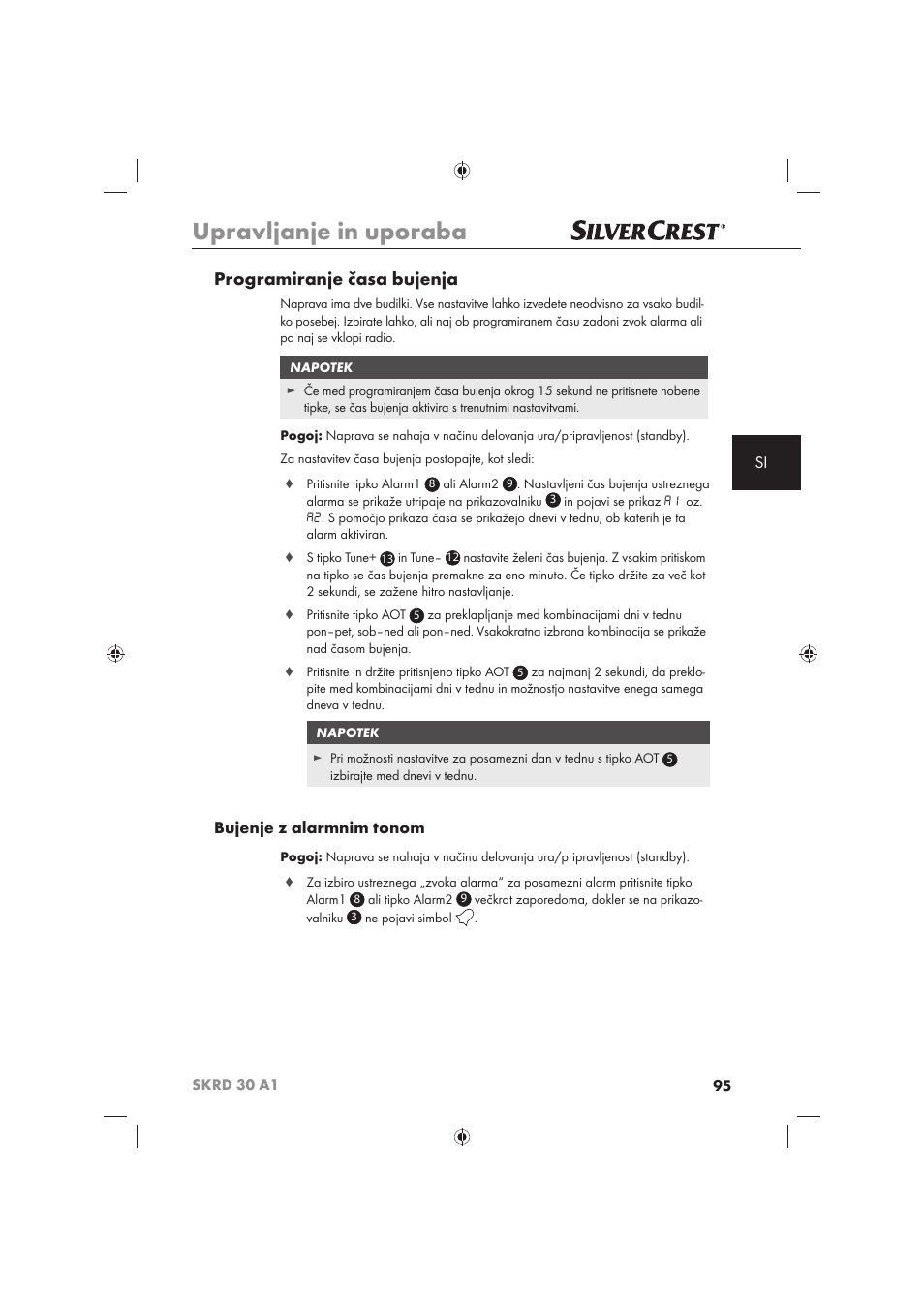 Upravljanje in uporaba, Programiranje časa bujenja, Bujenje z alarmnim tonom | Silvercrest SKRD 30 A1 User Manual | Page 97 / 158