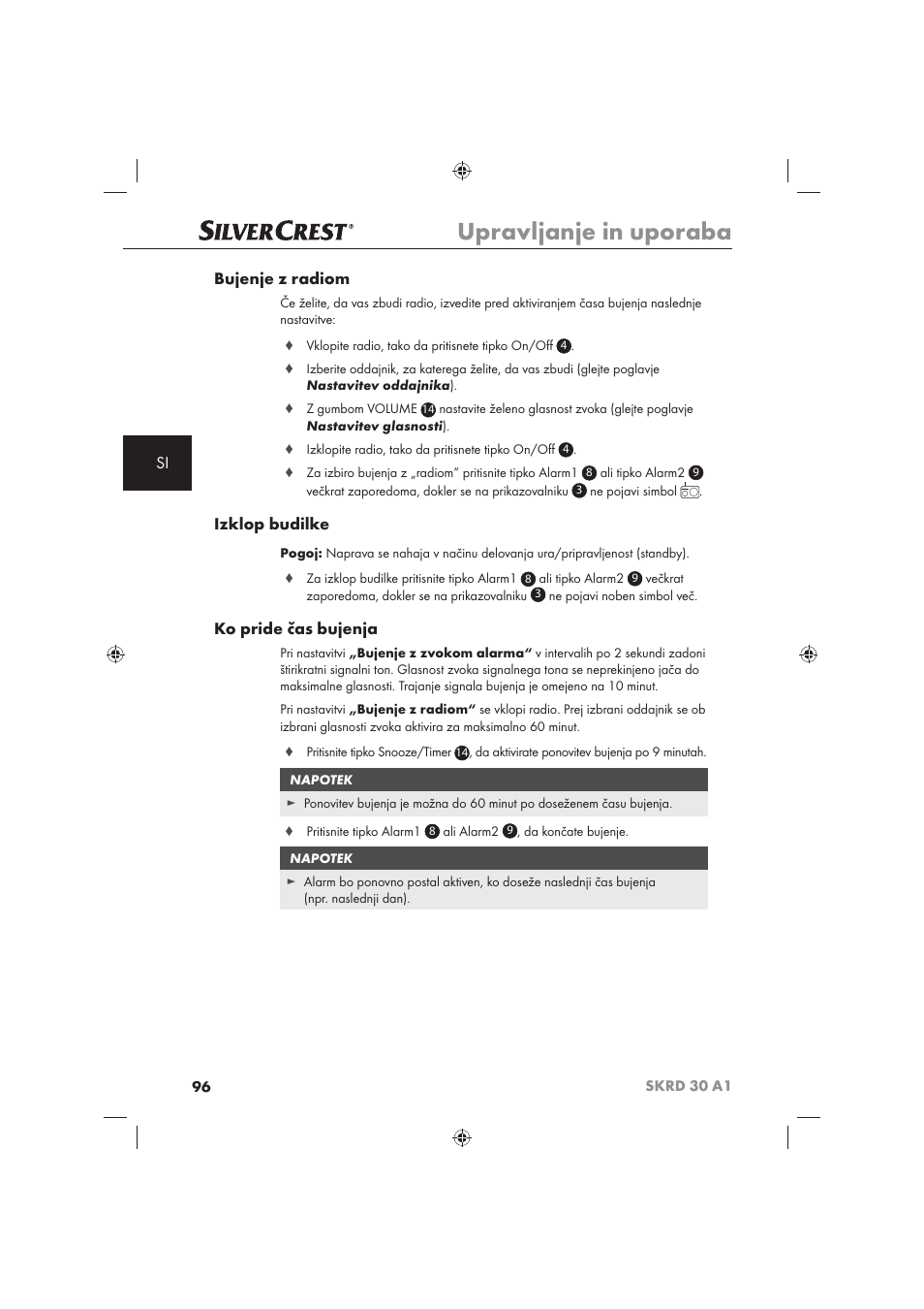 Upravljanje in uporaba, Si bujenje z radiom, Izklop budilke | Ko pride čas bujenja | Silvercrest SKRD 30 A1 User Manual | Page 98 / 158