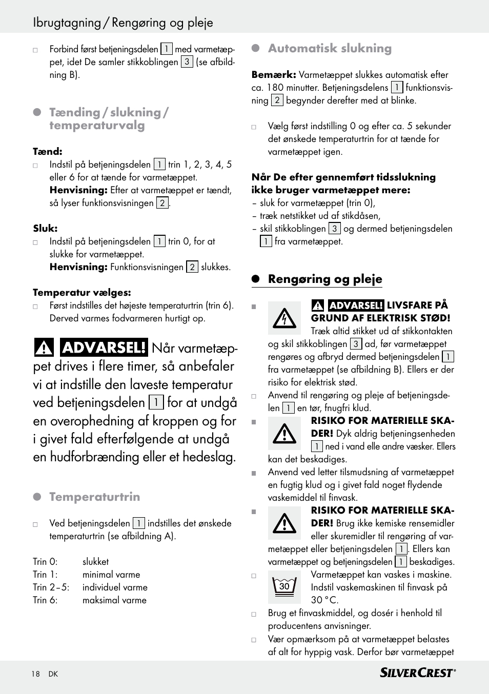 Tænding / slukning / temperaturvalg, Temperaturtrin, Automatisk slukning | Rengøring og pleje | Silvercrest SWD 100 C2 User Manual | Page 18 / 48