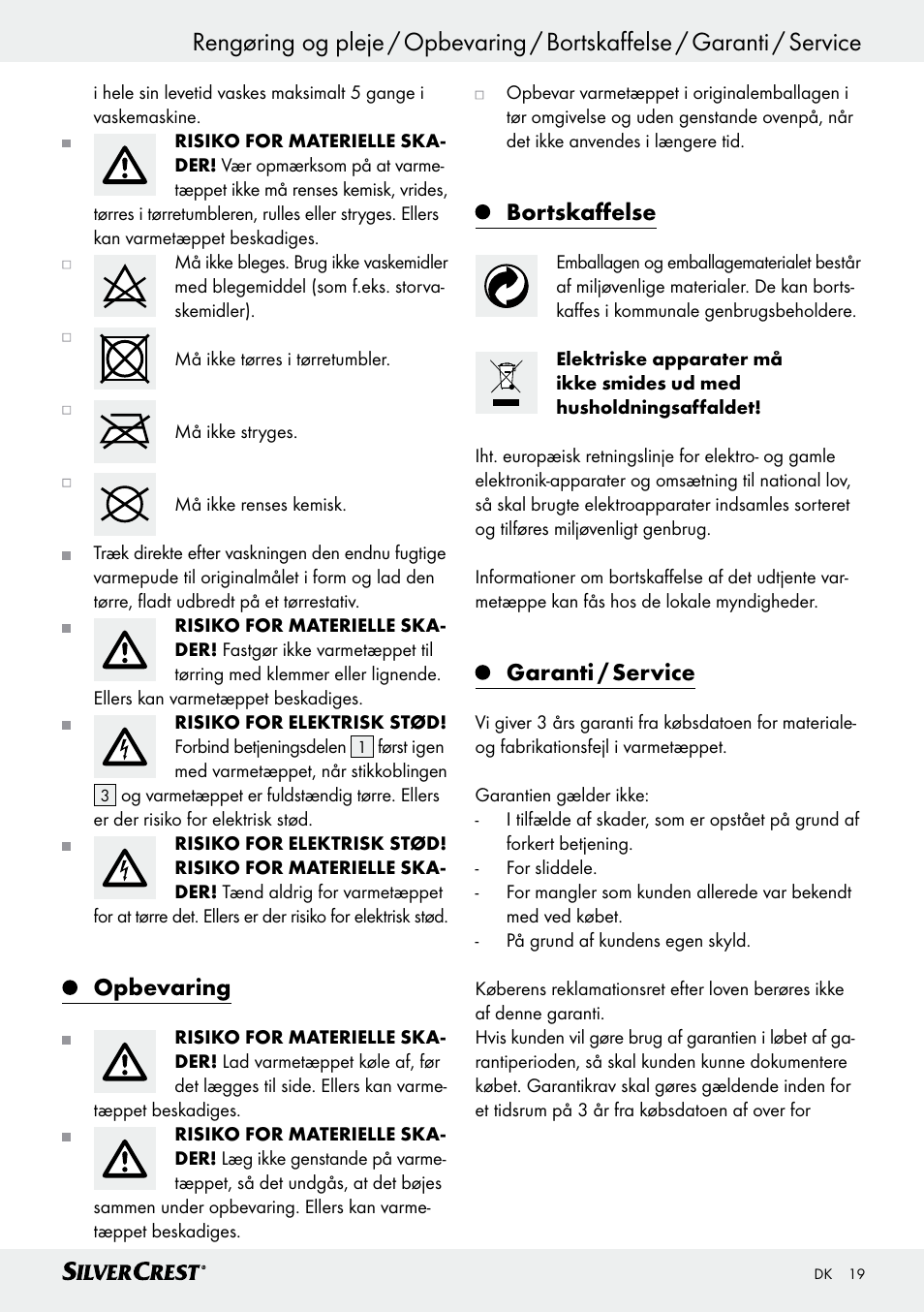 Opbevaring, Bortskaffelse, Garanti / service | Silvercrest SWD 100 C2 User Manual | Page 19 / 48