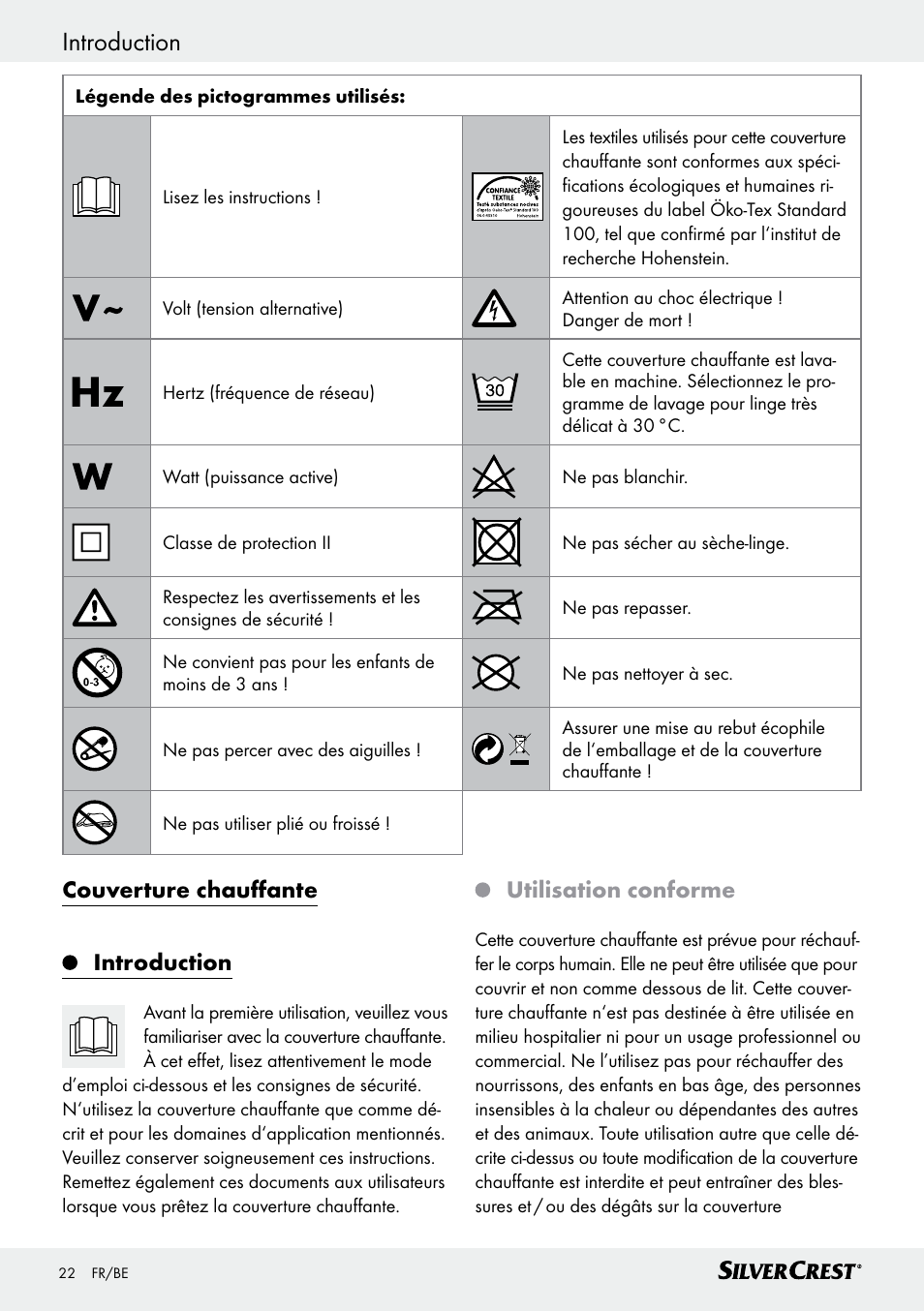 Couverture chauffante introduction, Utilisation conforme | Silvercrest SWD 100 C2 User Manual | Page 22 / 48