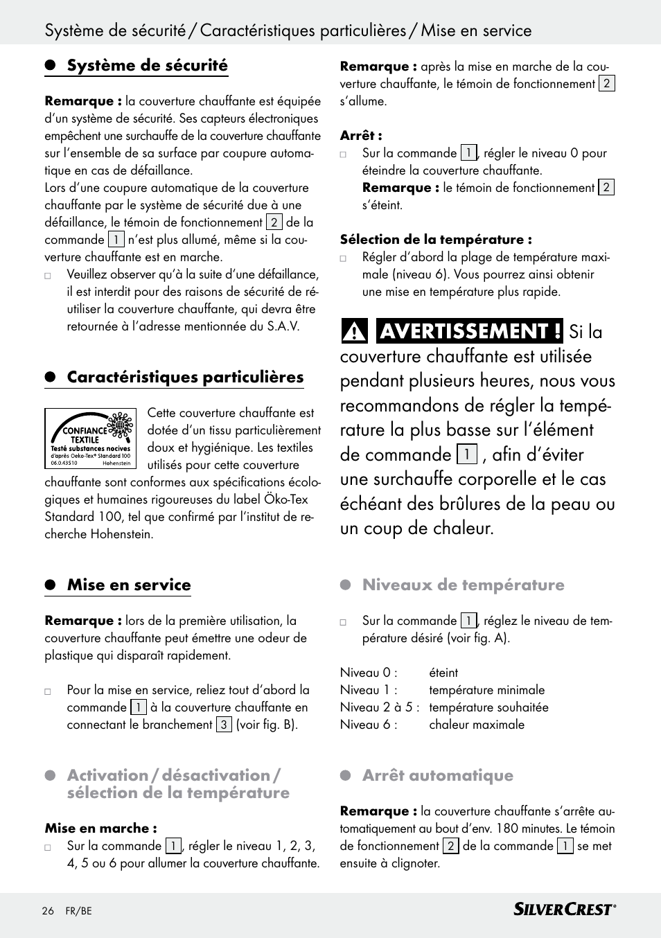 Système de sécurité, Caractéristiques particulières, Mise en service | Niveaux de température, Arrêt automatique | Silvercrest SWD 100 C2 User Manual | Page 26 / 48