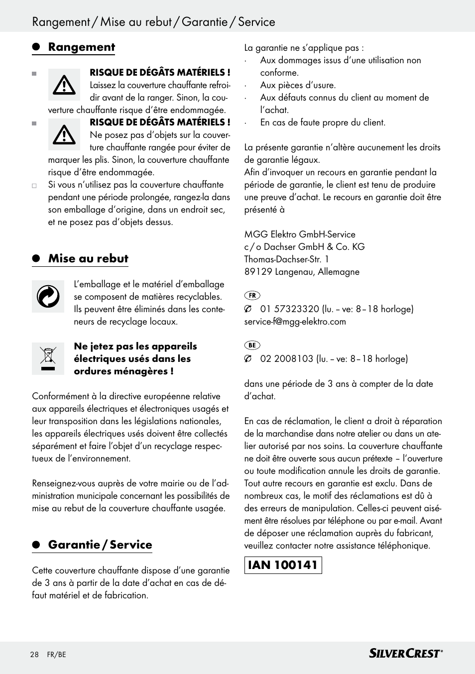 Rangement, Mise au rebut, Garantie / service | Silvercrest SWD 100 C2 User Manual | Page 28 / 48