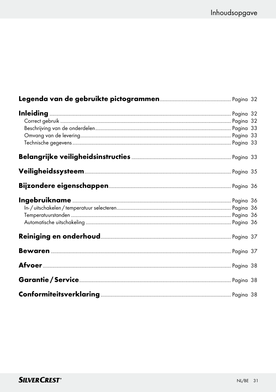 Inhoudsopgave | Silvercrest SWD 100 C2 User Manual | Page 31 / 48