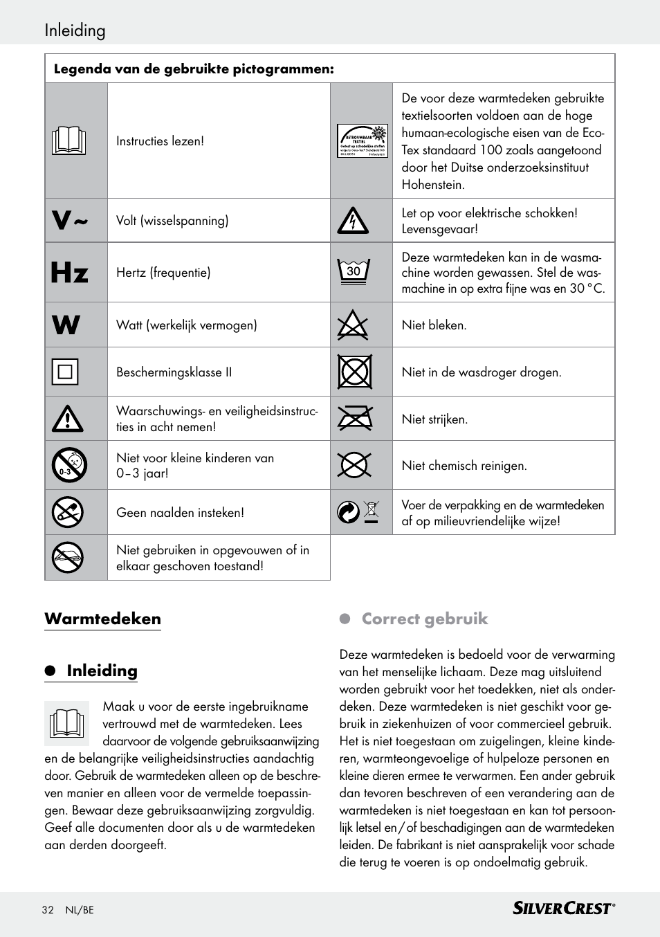 Warmtedeken inleiding, Correct gebruik | Silvercrest SWD 100 C2 User Manual | Page 32 / 48